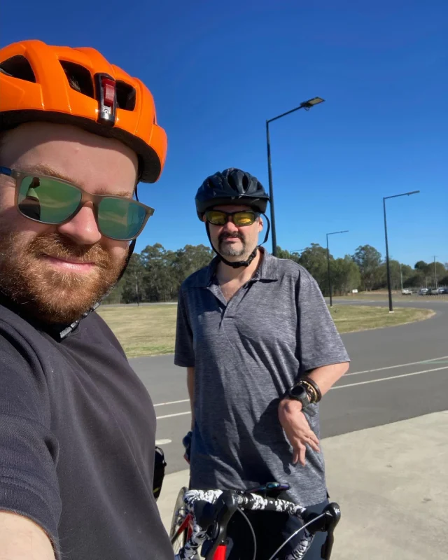 Our support worker Dan, out and about in the beautiful Brisbane winter weather with Ty.